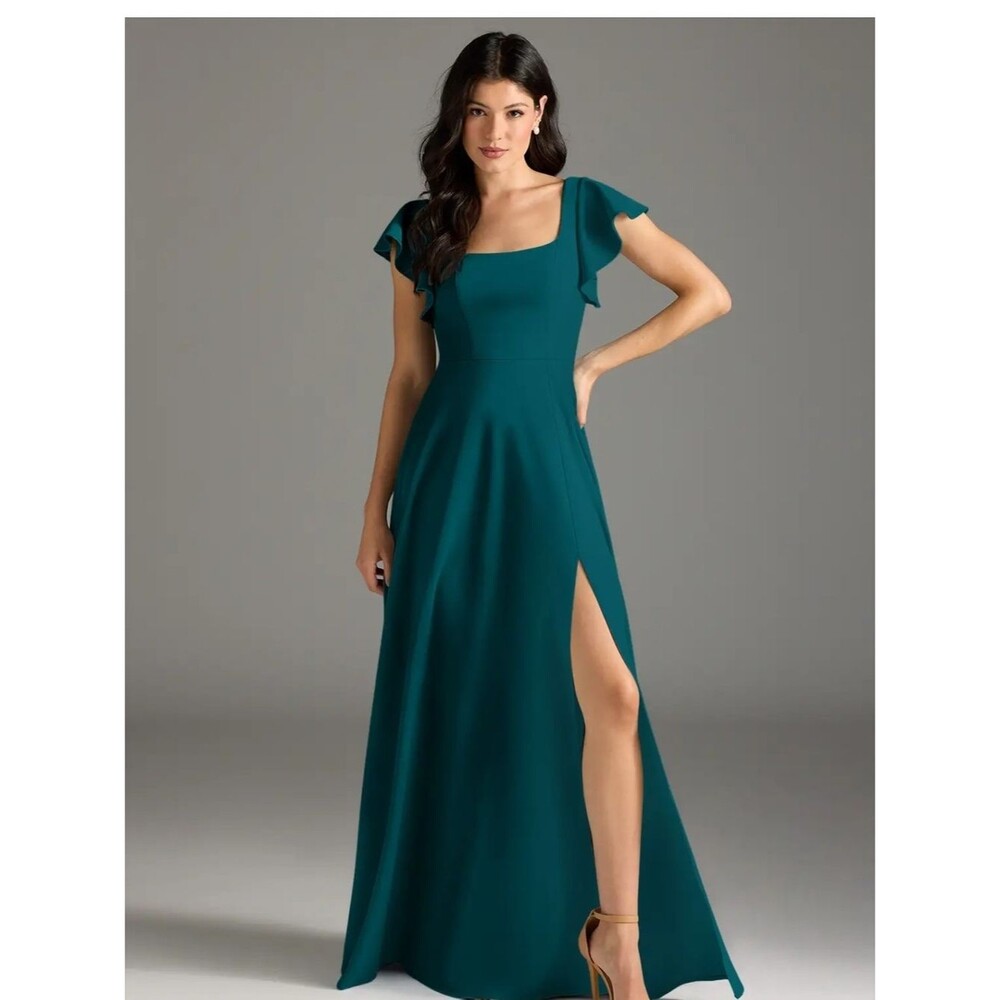 Azazie Bondi Pine Square-Neck Evening Gown with Flutter Sleeves A12/US 10